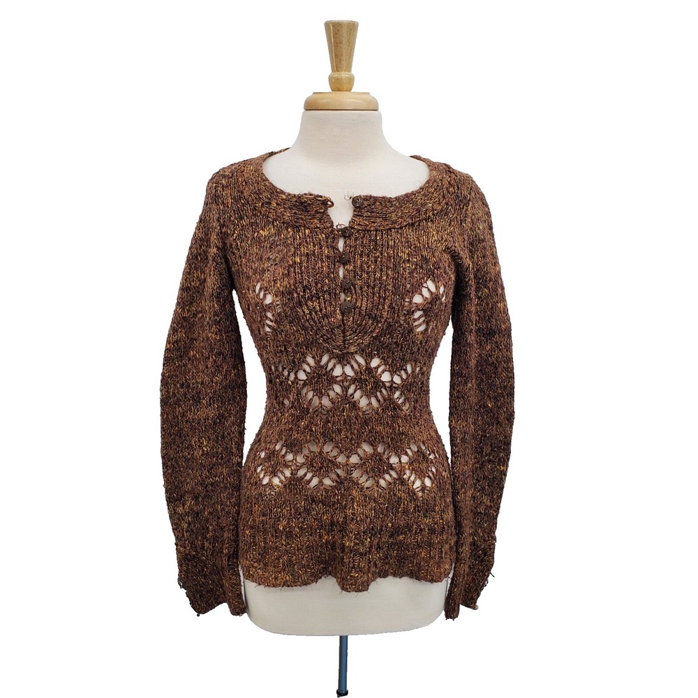 BKE Womens L Brown Marled Open Weave‎ Knit Sweater 1/4 Button Front Boho Style